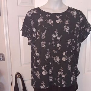 Lane Bryant Black Floral Ruffle Sleeve Blouse